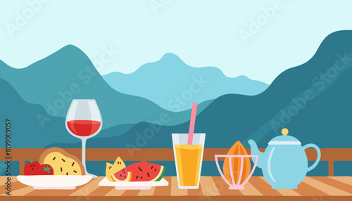 Outdoor dining with assorted food and drinks on wooden table  