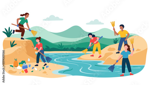 Community members cleaning up litter by the river in nature  