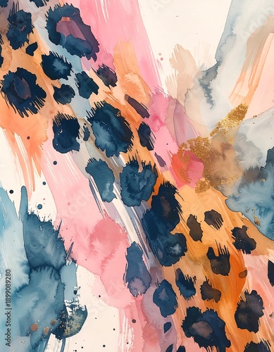 Abstract watercolor leopard print with flowing brushstrokes and vibrant colors