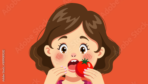 Young girl excitedly holding a tomato with a surprised expression  