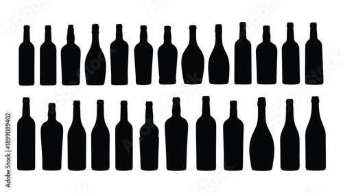 Assorted wine bottles displayed in a neat, symmetrical arrangement. Vector