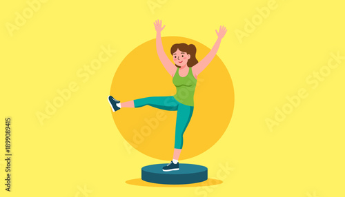 Happy woman dancing joyfully on a platform with yellow background  