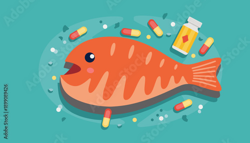 Cartoon fish swimming among colorful capsules and medicine bottle  