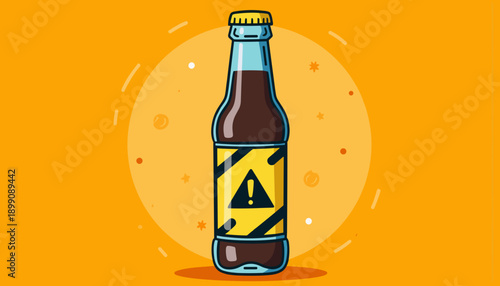 Colorful warning beverage bottle with caution symbol on orange background  