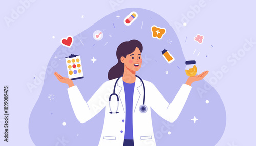 Female doctor juggling medication and medical supplies with a smile  