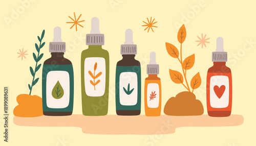 Collection of colorful herbal tincture bottles on soft yellow background  