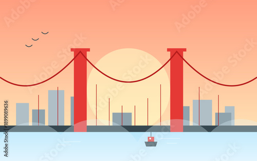 Golden Gate Suspension Bridge Red City Skyline Sunset Minimalist Flat Vector Illustration San Francisco Landmark Design