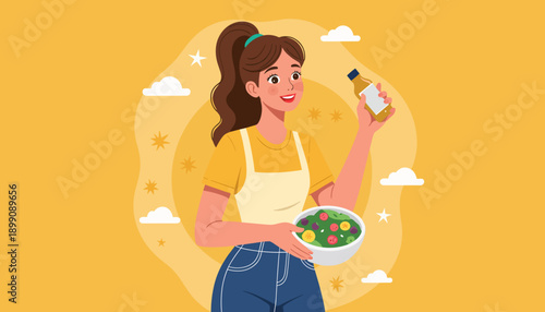 Young woman holding salad bowl and dressing bottle on yellow background  