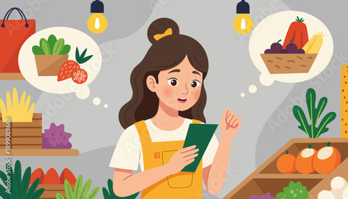 Woman holding a tablet while thinking about grocery shopping choices  