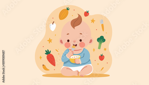 Happy baby eating fruit puree with colorful vegetables around him  