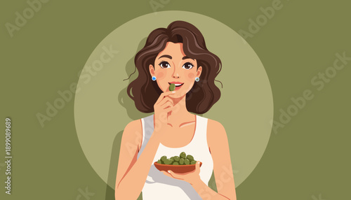 Young woman eating salad while smiling in a minimalistic setting  