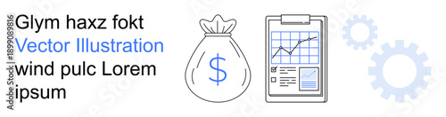 Financial planning, business growth, analytics, data management, economy solutions, futuristic strategies. Features a money bag, clipboard with graphs and gear icons. Financial planning and business