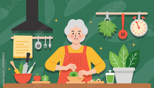Elderly woman preparing vegetables in a colorful kitchen with plants  