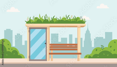 Modern bus stop with greenery roof in urban landscape  