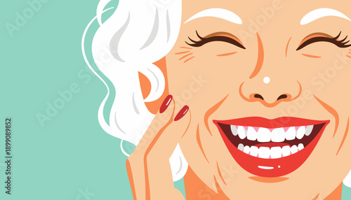 Smiling elderly woman with curly hair and red lipstick on teal background  