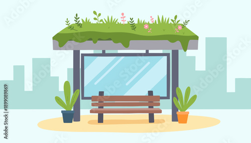 Green-roofed bus stop with plants and bench in urban setting  