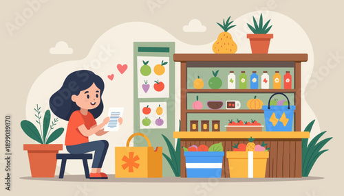 Young woman shopping at a colorful market stall with groceries  