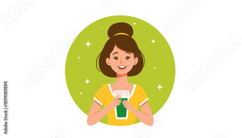 Young woman smiling while holding a green drink on a colorful background  