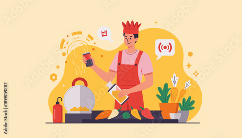 Chef cooking and holding a spice container in a colorful kitchen  