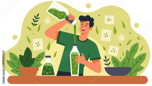 Man pouring green smoothie into bottles in a kitchen with plants  