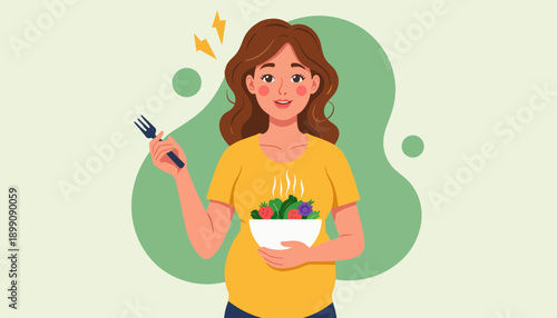 Young woman holding a bowl of salad and smiling indoors  