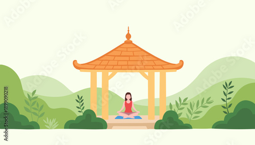 Woman meditating in gazebo surrounded by green hills and foliage  