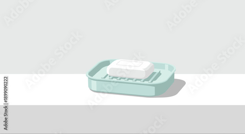 Simple White Bar of Soap on a Light Blue Plastic Soap Dish Isolated on a Neutral Grey Background Representing Basic Personal Hygiene and Health