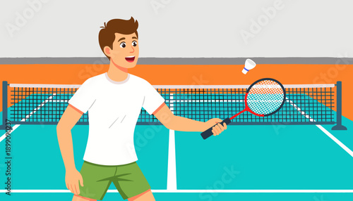 Young man playing tennis and preparing to hit shuttlecock  