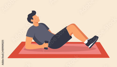 Young man exercising with dumbbell on yoga mat indoors  