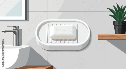 Close-Up of a White Bar of Soap in a Dish Placed on a Bathroom Sink Counter with a Faucet and Potted Plant in the Background for Lifestyle Imagery