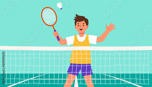 Happy young boy celebrating victory while playing badminton indoors  