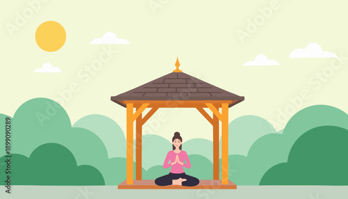 Young woman meditating in gazebo surrounded by greenery and sunshine  