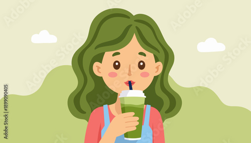 Young woman sipping green smoothie with straw in outdoor setting  