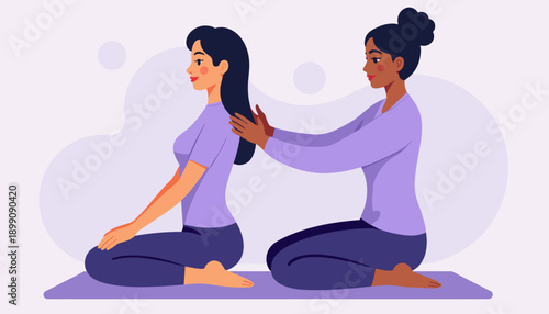 Two women practicing relaxation and massage on mat in soft colors  