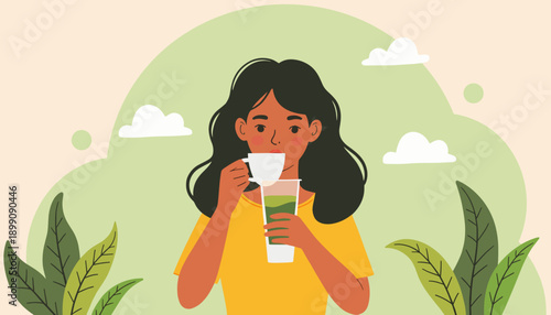 Young woman enjoying beverage while standing among green plants  