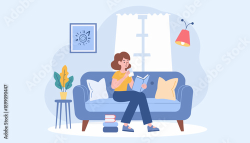 Woman reading a book while sitting on a sofa in a cozy living room  
