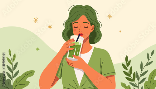 Woman enjoying green beverage while standing in natural setting  