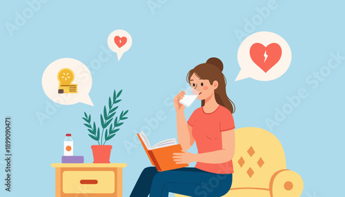 Young woman reading a book and sipping tea in a cozy living room  