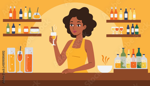Young black woman serving drinks at a colorful bar counter  