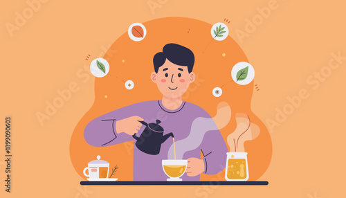 Man pouring tea into cup while preparing herbal infusion at home  