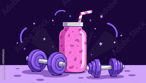 Dumbbells and smoothie bottle on purple background in fitness theme  