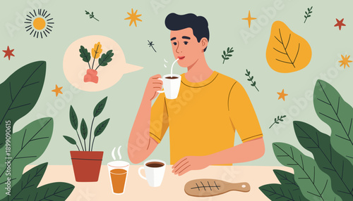 Young man enjoying coffee and relaxing at home surrounded by plants  