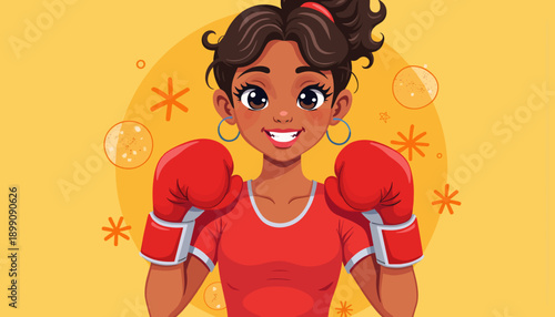 Animated girl smiling in boxing gloves on vibrant yellow background  