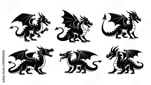 Eight distinct black and white illustrations of dragons in various poses Vector