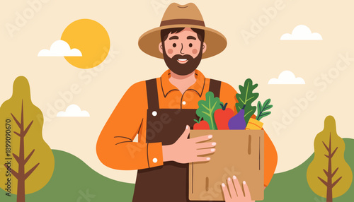 Farmer holding a box of fresh vegetables in a sunny landscape  