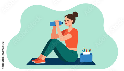 Young woman exercising on mat while holding a water bottle  