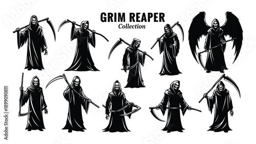 Group of grim reapers in various poses and outfits Vector