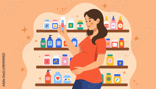 Pregnant woman shopping for products in store aisle with shelves  