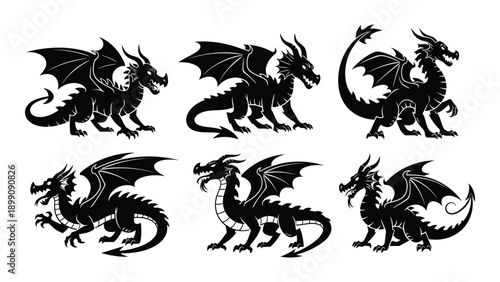 A collection of various dragons in different poses and styles Vector