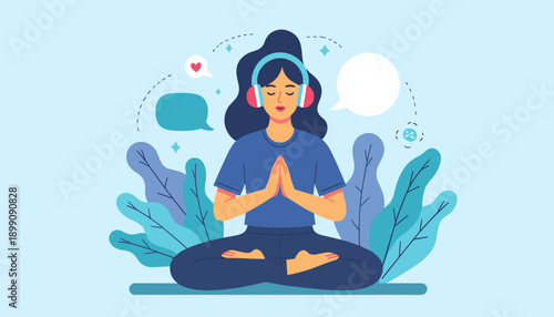 Young woman meditating with headphones surrounded by foliage  